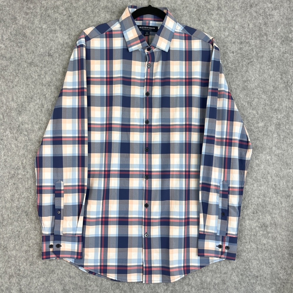 Mizzen+Main Shirt Men Large Blue Plaid‎ Performance Stretch Trim Fit  Button Up